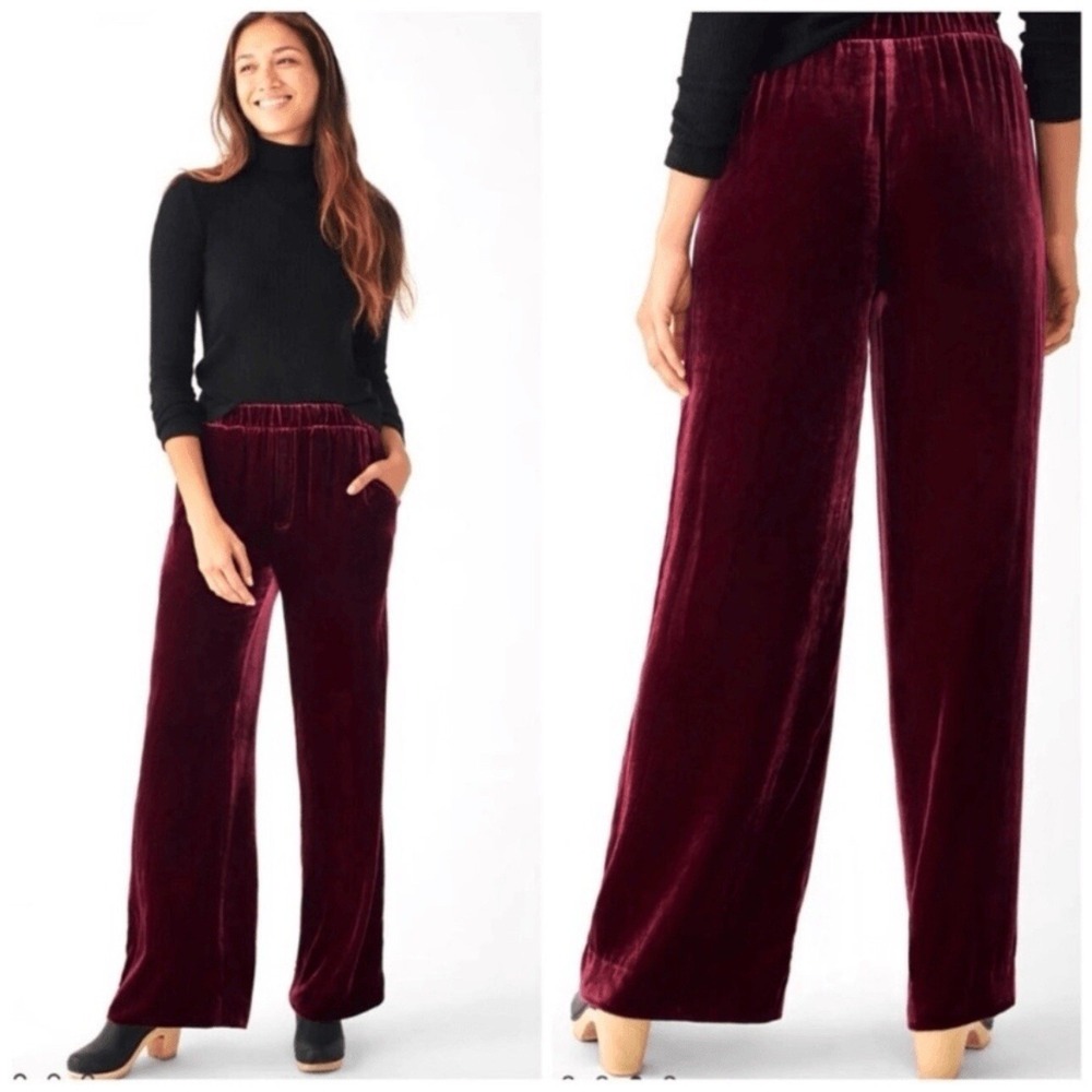 NWT Faherty Vintage Silk Velvet Genevieve Wide Leg Pant Maroon size XS